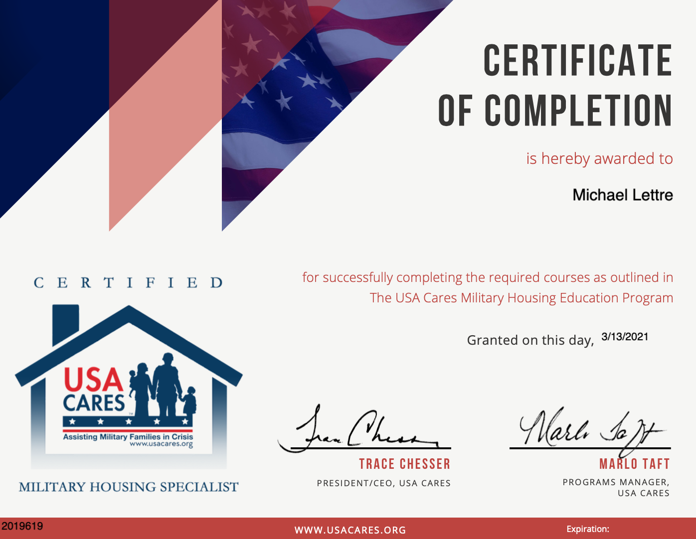 Certificate of Completion Military Housing Specialist